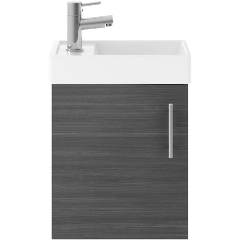 Cloakroom Wall Hung 1 Door Vanity Unit with Basin, 400mm - Woodgrain Anthracite