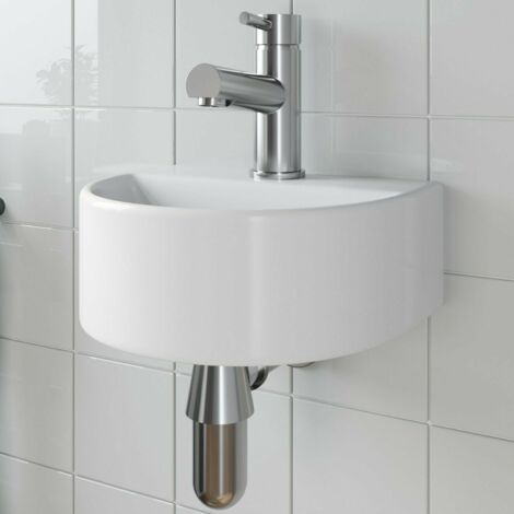 Cloakroom Wall Hung Basin Sink Hand Wash Round 1 Tap Hole White Modern Bathroom - White