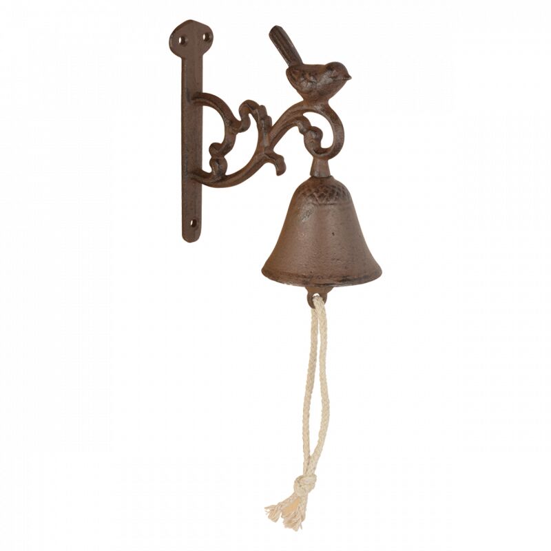 Cloche rustique design oiseau s - h 15,5 cm - Fonte, corde coton - Livraison gratuite - Beige