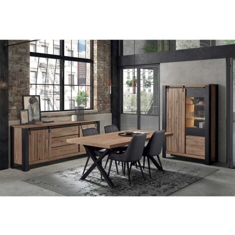 CLODIUS - Ensemble Séjour Complet et Table 230 cm Aspect Bois Piètement X Métal Noir