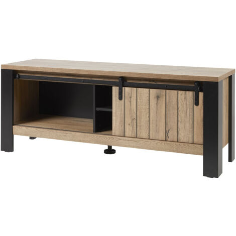 CLODIUS - Meuble TV 1 Porte Coulissante 2 Niches Métal et Aspect Bois
