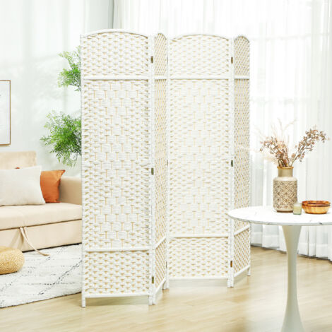 Cloison amovible Paravent, cloison pliante en 4 parties, motif tissé, bois de pin, blanc