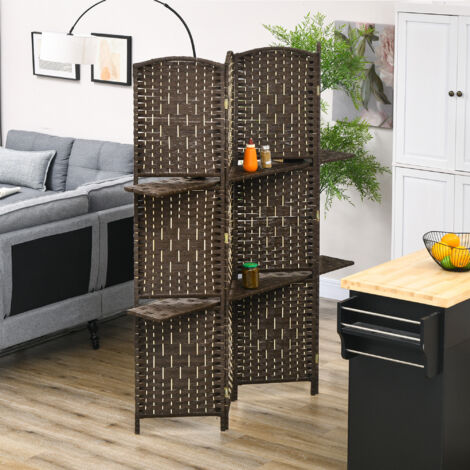 Cloison amovible Paravent séparateur de pièce 4 panneaux 160 x170 cm avec 2 étagères, pliable, en bois