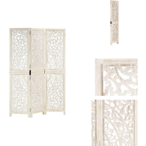 Cloison de séparation 3 panneaux Blanc 120x165 cm Bois manguier - Cloison De Séparation - Partition Murale - Écran Décoratif - Meuble Salle À Manger - Décoration Intérieure