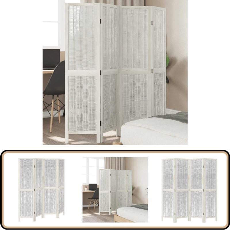 Cloison de séparation 4 panneaux blanc bois de paulownia massif - Séparateur De Pièce - Écran D'intimité - Cloison Pliable - Décoration Murale