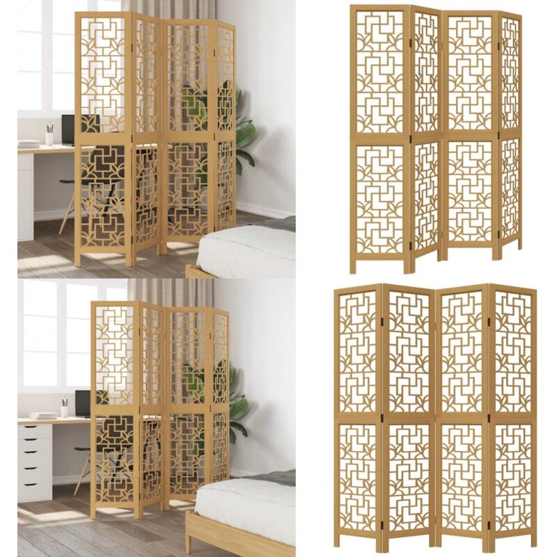 Cloison de séparation 4 panneaux marron bois paulownia massif - Séparateur De Pièce - Écran D'intimité - Cloison Pliable - Décoration Murale - Meuble