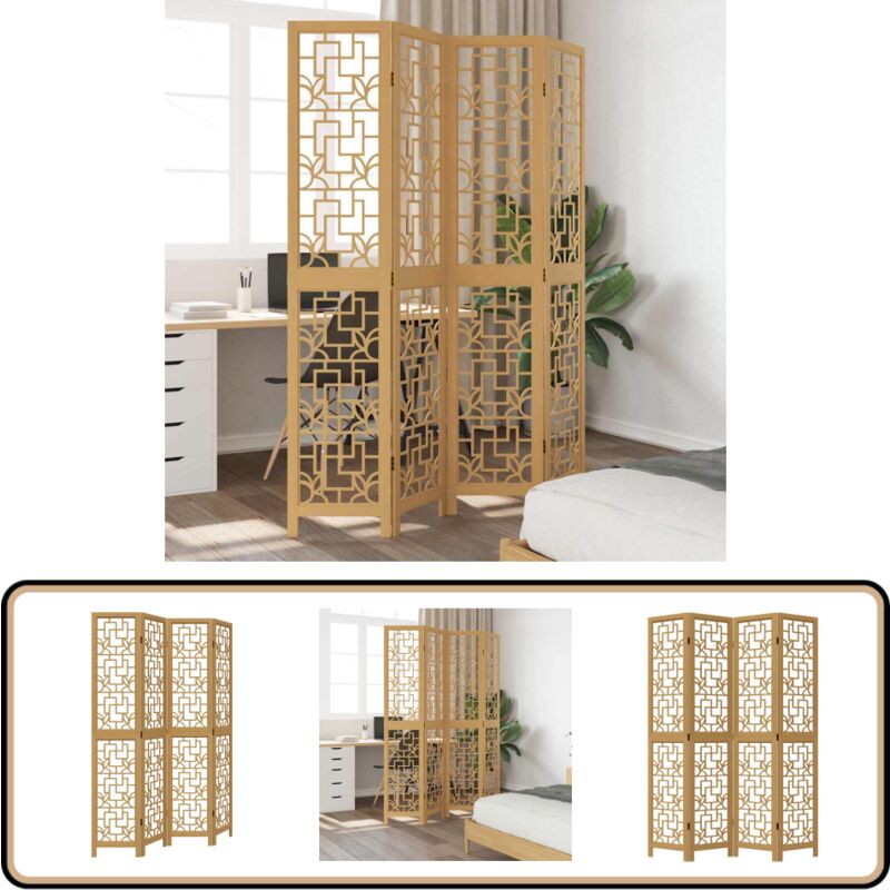 Cloison de séparation 4 panneaux marron bois paulownia massif - Séparateur De Pièce - Écran D'intimité - Cloison Pliable - Décoration Murale - Meuble