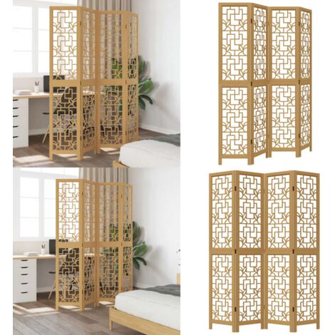 Cloison de séparation 4 panneaux marron bois paulownia massif - Séparateur De Pièce - Écran D'intimité - Cloison Pliable - Décoration Murale - Meuble Salle À Manger - Home & Living