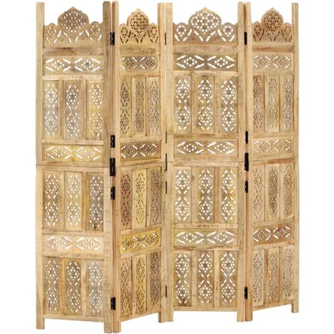 Cloison de séparation 4 panneaux - Paravent Séparation de pièces - Brise Vue 160x165 cm Bois de manguier Chic-224533