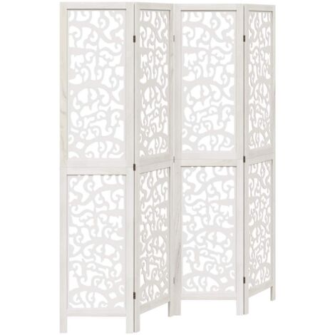 Cloison de séparation 4 panneaux，Paravent，Séparateur pliable blanc bois de paulownia massif CFW50404