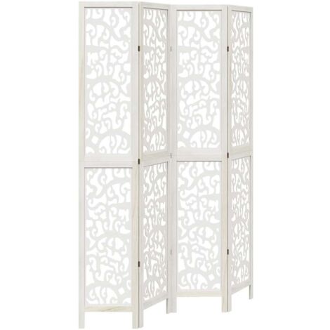 Cloison de séparation 4 panneaux，Paravent，Séparateur pliable blanc bois de paulownia massif CFW50412