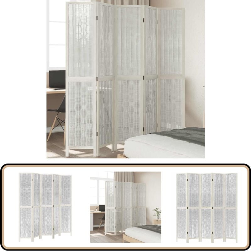 Cloison de séparation 5 panneaux blanc bois de paulownia massif - Séparateur De Pièce - Écran D'intimité - Cloison Pliable - Décoration Murale