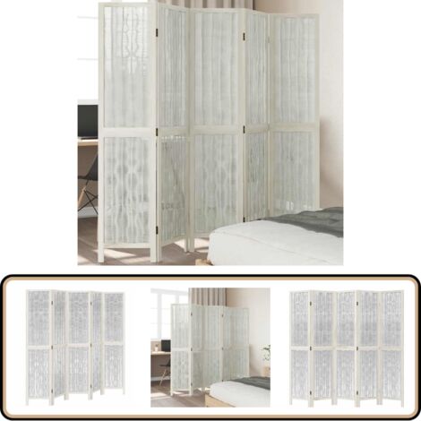 Cloison de séparation 5 panneaux blanc bois de paulownia massif - Séparateur De Pièce - Écran D'intimité - Cloison Pliable - Décoration Murale - Rangement