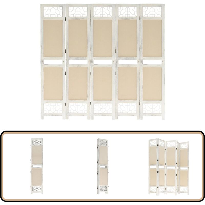 Cloison de séparation 5 panneaux Crème 175x165 cm Tissu - Cloison De Séparation - Paravent - Brise Vue - Cloison Pliable - Décoration Intérieur