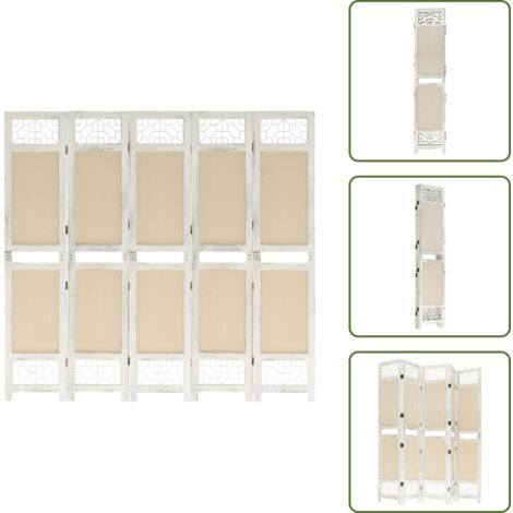 Cloison de séparation 5 panneaux Crème 175x165 cm Tissu - Cloison De Séparation - Paravent - Brise Vue - Cloison Pliable - Décoration Intérieur