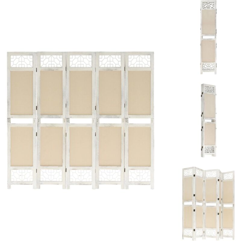 Cloison de séparation 5 panneaux Crème 175x165 cm Tissu - Cloison De Séparation - Paravent - Brise Vue - Cloison Pliable - Décoration Intérieur