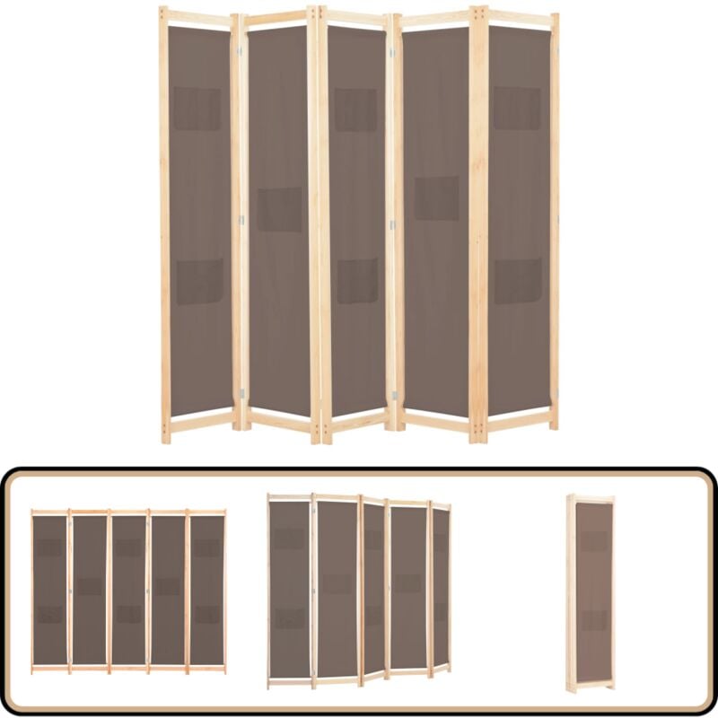 Cloison de séparation 5 panneaux Marron 200 x 170 x 4 cm Tissu - Cloison De Séparation - Pare-vue - Cloison Pliable - Cloison Décorative - Séparation