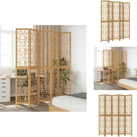Cloison de séparation 5 panneaux marron bois paulownia massif - Séparateur De Pièce - Écran D'intimité - Cloison Pliable - Décoration Murale - Meuble Salle À Manger
