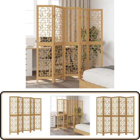 Cloison de séparation 5 panneaux marron bois paulownia massif - Séparateur De Pièce - Écran D'intimité - Cloison Pliable - Décoration Murale - Meuble Salle De Séjour