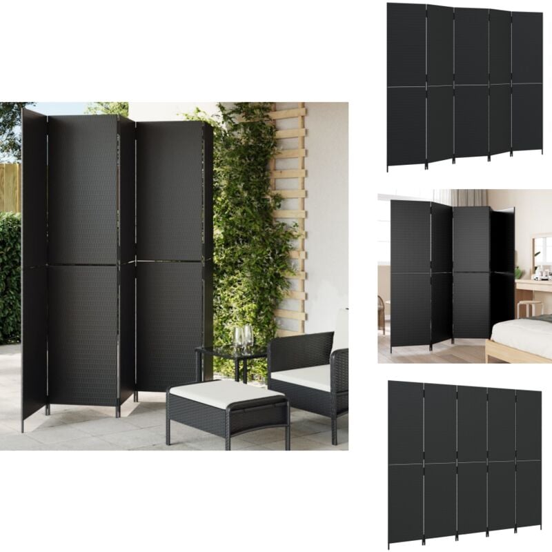 Cloison de séparation 5 panneaux noir résine tressée - Cloison De Séparation - Séparateur Pièce - Paravent - Écran D'intimité - Décoration Intérieur