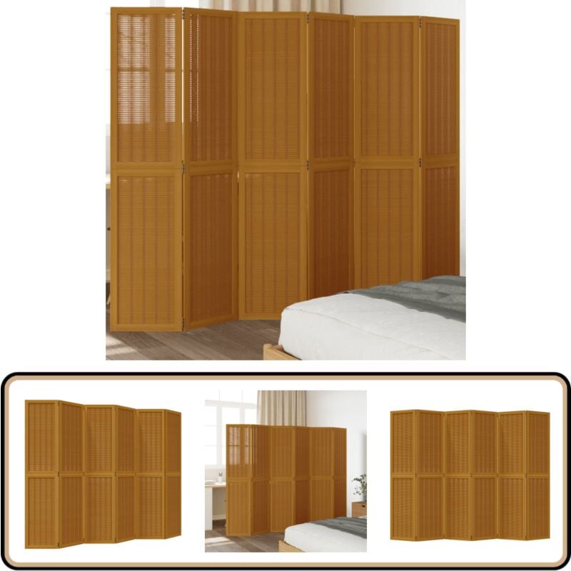 Cloison de séparation 6 panneaux marron bois paulownia massif - Séparateur De Pièce - Écran D'intimité - Cloison Pliable - Décoration Murale - Bambou