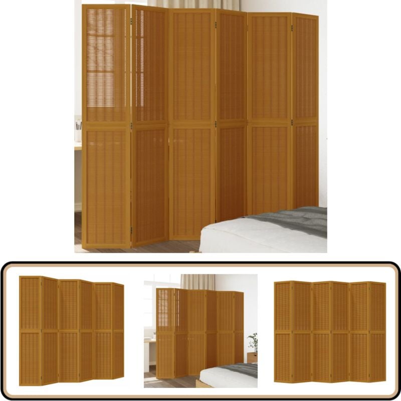 Cloison de séparation 6 panneaux marron bois paulownia massif - Séparateur De Pièce - Écran D'intimité - Cloison Pliable - Décoration Murale - Meuble