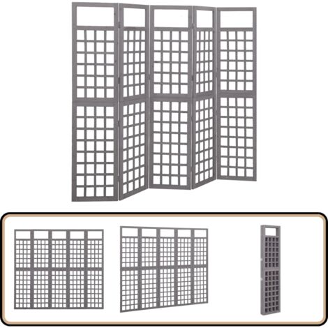 Cloison de séparation à 5 panneaux Bois de pin Gris 201,5x180cm - Cloison De Séparation - Séparateur De Pièce - Trellis Mural - Jardin Vertical - Décoration Murale