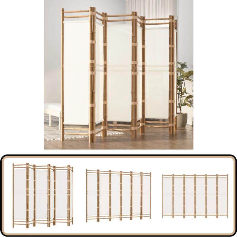 Cloison de séparation pliante 6 panneaux 240 cm Bambou et toile - Cloison De Séparation - Séparateur De Pièce - Écran De Confidentialité - Mur