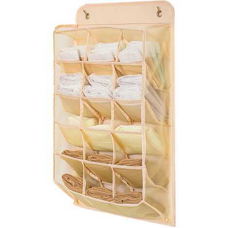 Closet Hanging Underwear Organizer Mesh Oxford Cloth PP Board Underwear Wall Shelf Wardrobe Hanging Storage Bag for Bra Socks Underpants 15 Pockets Beige