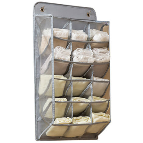 Closet Hanging Underwear Organizer Mesh Oxford Cloth PP Board Underwear Wall Shelf Wardrobe Hanging Storage Bag for Bra Socks Underpants 15 Pockets Grey