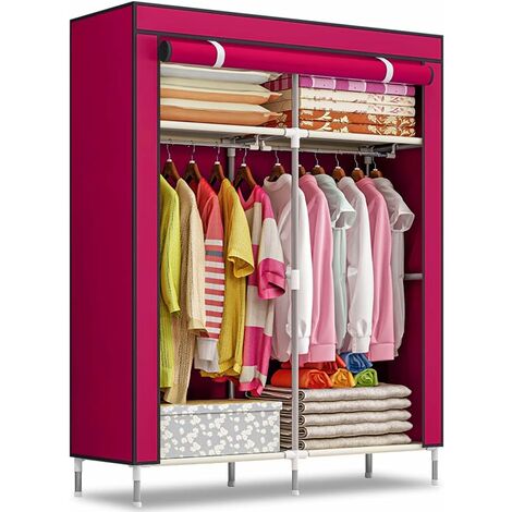 Cloth Wardrobe, Clothes Closet, Non-Woven Cloth Wardrobe for Clothes - Portable Canvas Storage Organizer for Bedroom, Living Room, Cloakroom (Pink)