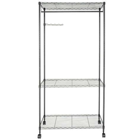 Clothes Rack with Wheels, 3-Tier Metal Garment Rack with 2 Shelves, Portable Clothes Hanger for Bedroom Claok Room (Black)