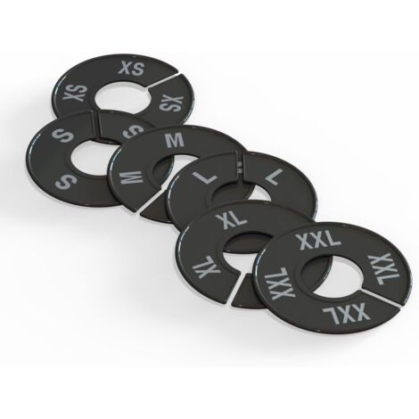 Clothing Size Divider - Round Rack Insert - XS to XXL - Hard Plastic - Black with Silver Print - 36 Pieces