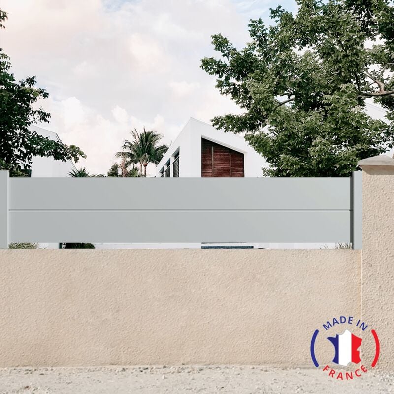 Clôture aluminium 2 lames modèle plein en kit Dimensions L.2107 mm (poteaux compris) x H.460 mm couleurs Gris Clair ral 7035