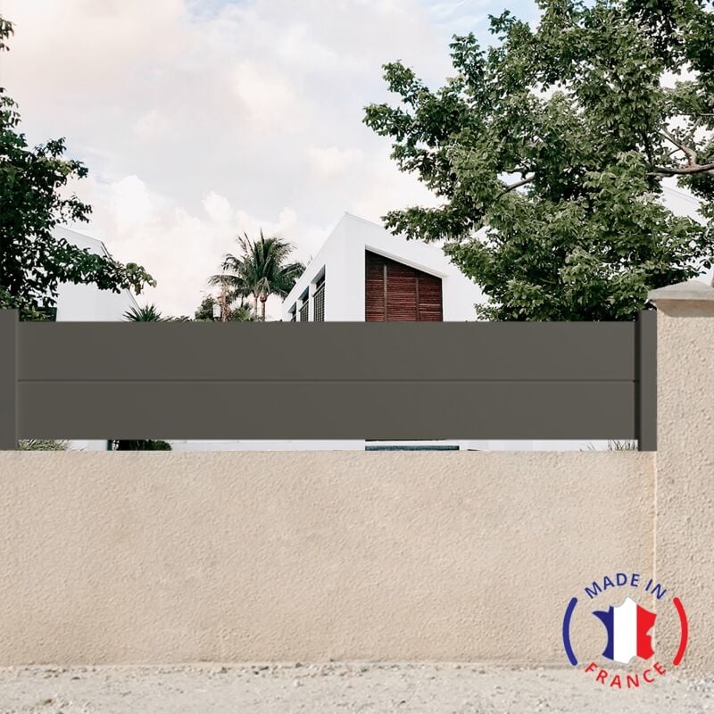Clôture aluminium 2 lames modèle plein en kit Dimensions L.2107 mm (poteaux compris) x H.460 mm couleurs Gris Quartz 7039