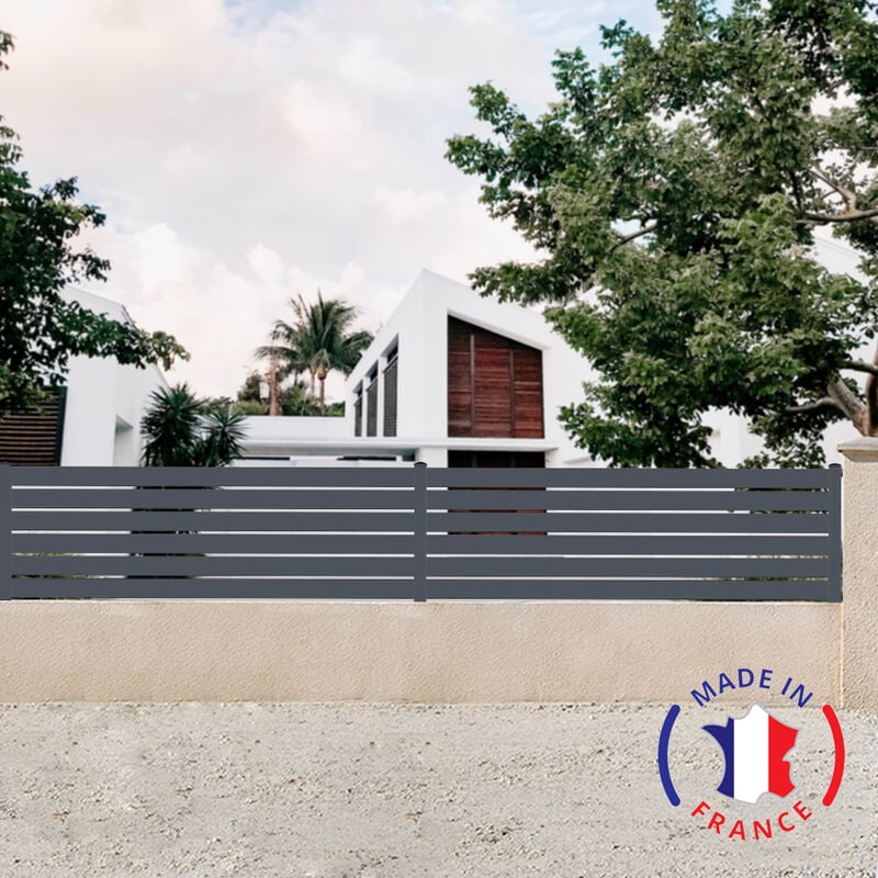 Clôture aluminium 6 lames modèle ajouré en kit - 2 éléments Dimensions L4154 mm (poteaux compris) x H675mm couleurs Gris ral 7016