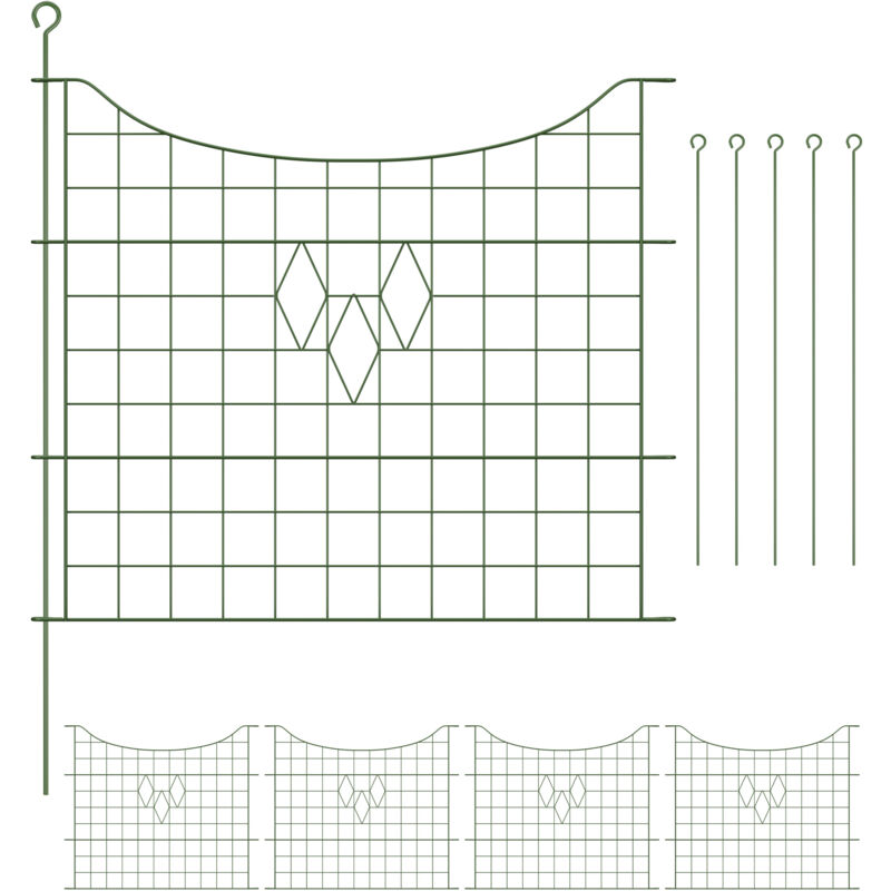 Relaxdays - Barrière de jardin, métallique, piquets à planter, 5 éléments chacun h x l : 66 x 76 cm, verte