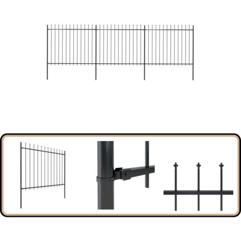 Clôture de jardin avec dessus en lance Acier 5,1 x 1,5 m Noir - Clôture De Jardin - Clôture En Acier - Clôture Decorative - Clôture Noire - Clôture Sécurisé