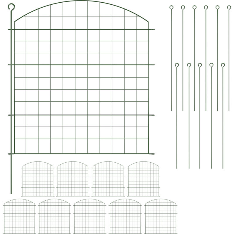 Relaxdays - Barrière de jardin, métallique, piquets à planter, 10 éléments chacun h x l : 78 x 75 cm, verte