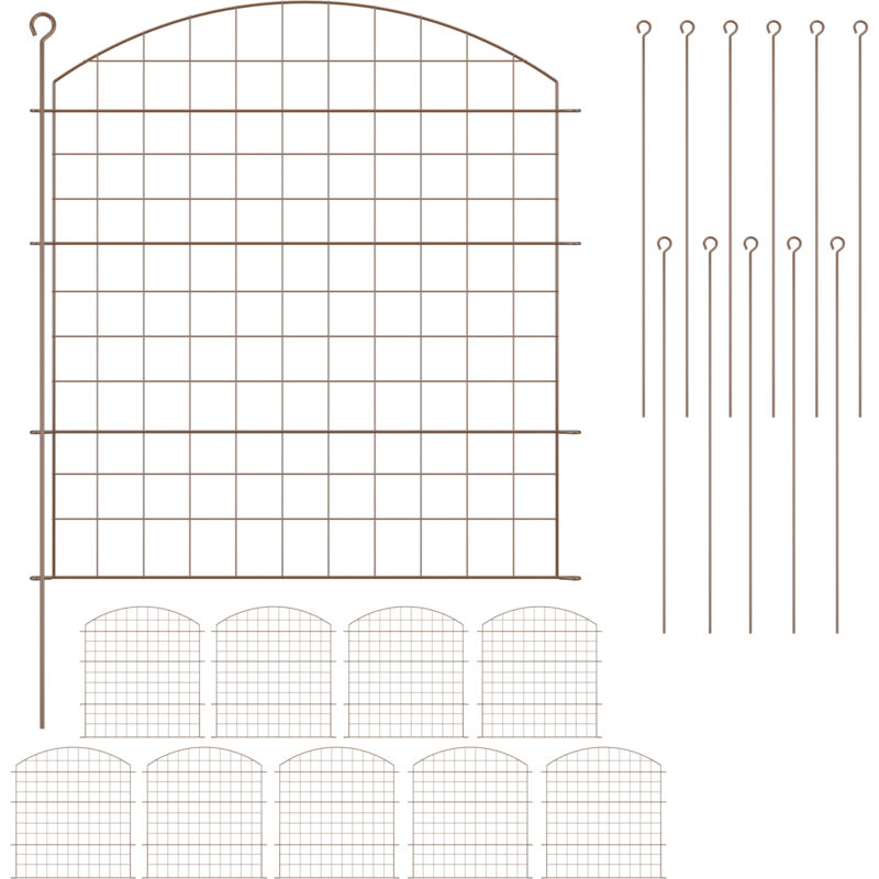 Relaxdays - Barrière de jardin, métallique, piquets à planter, 10 éléments chacun h x l : 78 x 75 cm, marron