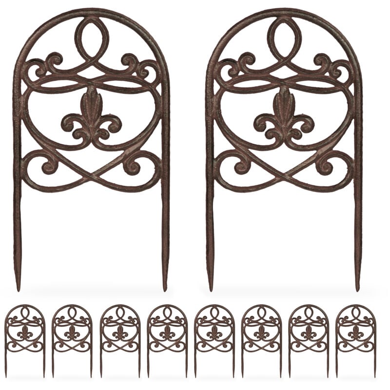 Relaxdays Barrière de jardin, 10 éléments, design vintage, à planter, chaque élément H x L : 32,5 x 17,5 cm, marron