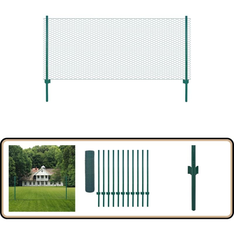Clôture en grillage métallique avec poteaux Acier 25x0,5 m Vert - Clôture Métal - Clôture Rigide - Clôture Jardin - Clôture Poule - Clôture Chien