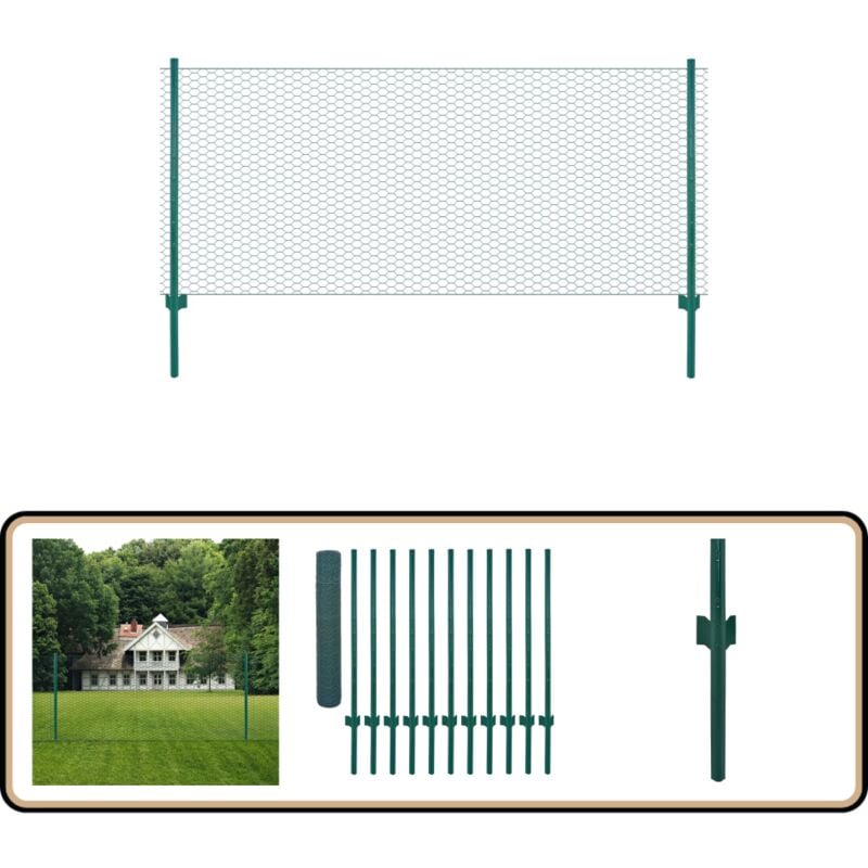 Clôture en grillage métallique avec poteaux Acier 25x1 m Vert - Clôture Métal - Clôture Rigide - Clôture Jardin - Clôture Poule - Clôture Chien