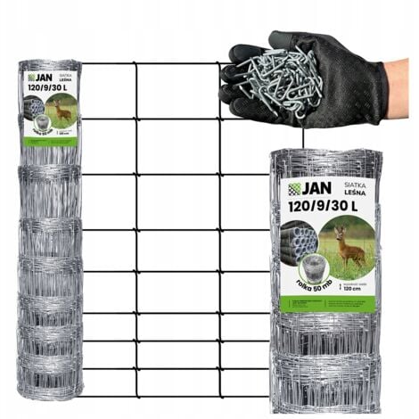 JAN Clôture forestière à mailles de 120/9/30 mm, longueur 50 m, idéale pour les moutons et les chevreuils sauvages.