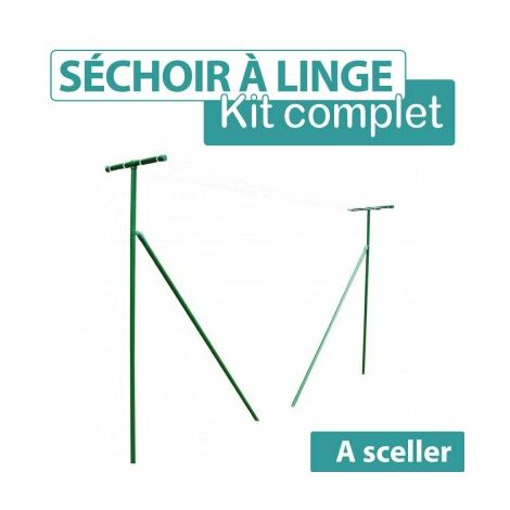 Cloture & Jardin – Séchoir à linge extérieur en acier plastifié – Kit complet avec 2 piquets 2m et fil vert – Résistant aux intempéries – Installation facile