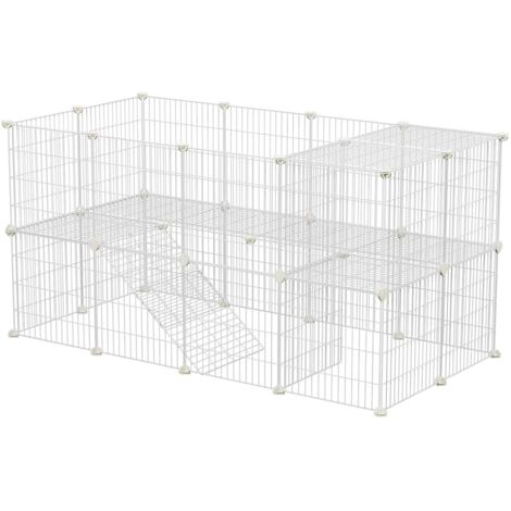 Clôture pour Animaux domestiques, 2 Niveaux, Enclos modulable, pour Petits Animaux, Hamsters, Lapins, Cochon d'Inde, Panneaux grillagés, Usage intérieur, 143 x 73 x 71 cm, Blanc/Noir