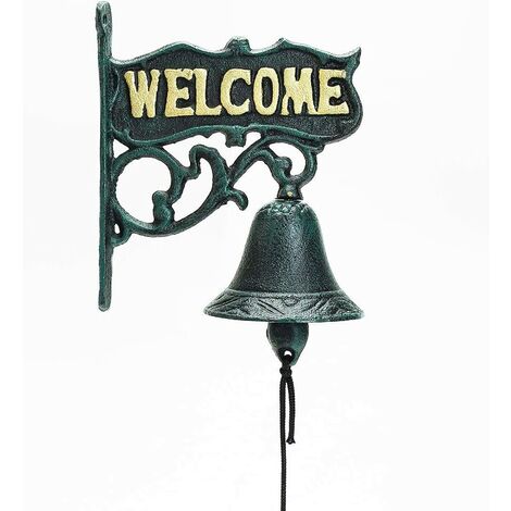 Clou de Bienvenue Mural, Style Rustique, Fonte Robuste 16 × 18,7 cm, Vert foncé | Sonnette en Fer forgé avec Logo aristocratique | Sculpture Classique pour Garden Patio Villa Cafe, etc.