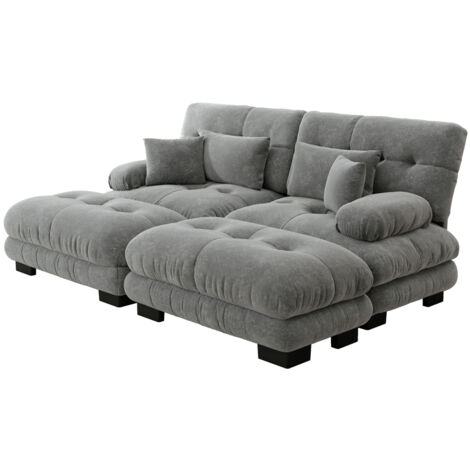 Cloud Ecksofa für Wohnzimmer, Chenille Doppelsofa mit 2 Lendenkissen und 2 Dekokissen, Polstersofa mit breiten Armlehnen und 2 Ottomans, Chenille Grau