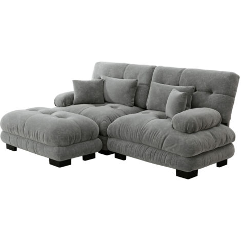 Cloud Ecksofa für Wohnzimmer, Chenille Doppelsofa mit 2 Lendenkissen und 2 Dekokissen, Polstersofa mit breiten Armlehnen und Ottoman, Chenille Grau