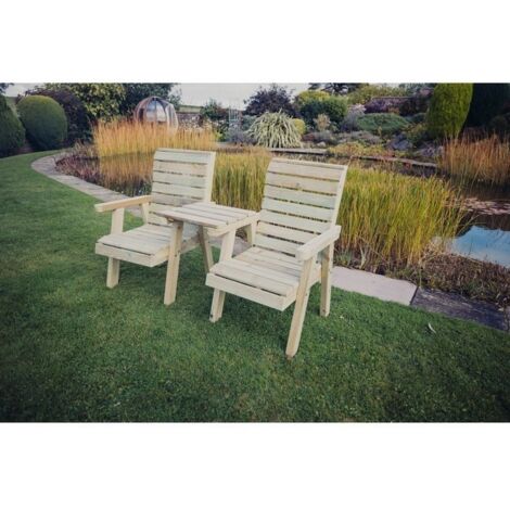 Clover Love Seats w/ Straight Tray - Timber - L69 x W158 x H98 cm - Min. Assembly Required - Set of Waterproof Cushions Included